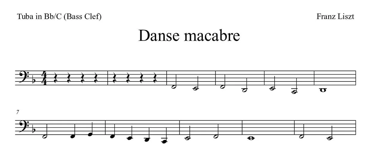 Partition de Danse macabre pour tuba en si bémol/do (clé de fa), premières lignes