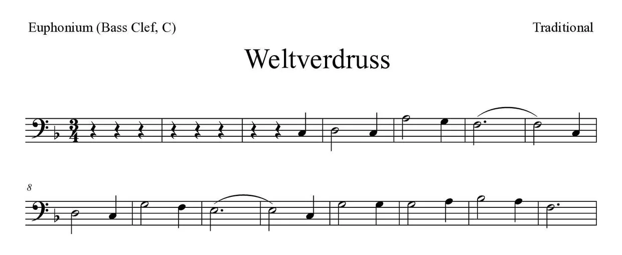 Noten von Der Weltverdruss für Euphonium (Bassschlüssel, C) (Einfach), erste Zeilen