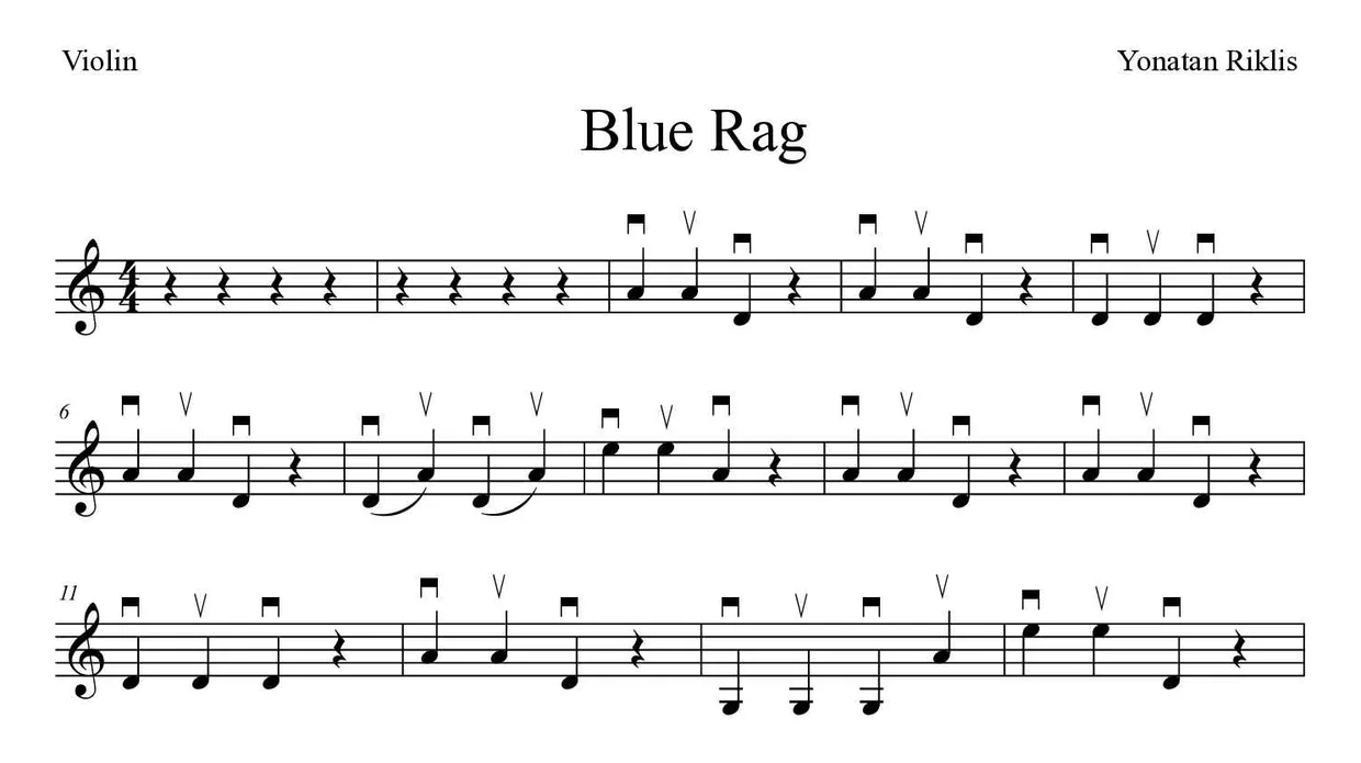 Sheet music of Blue Rag for violin (Easy), first lines