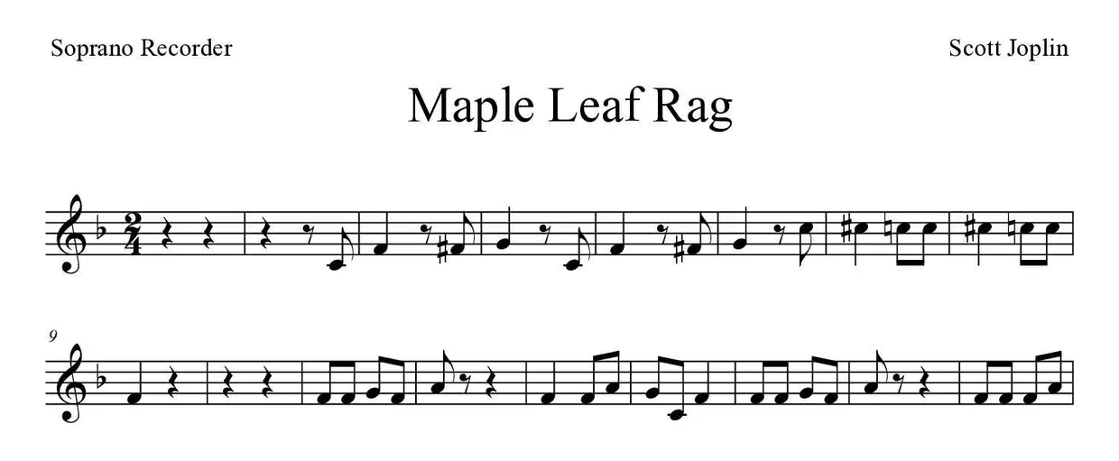 Noten von Maple Leaf Rag für Blockflöte (Mittel), erste Zeilen