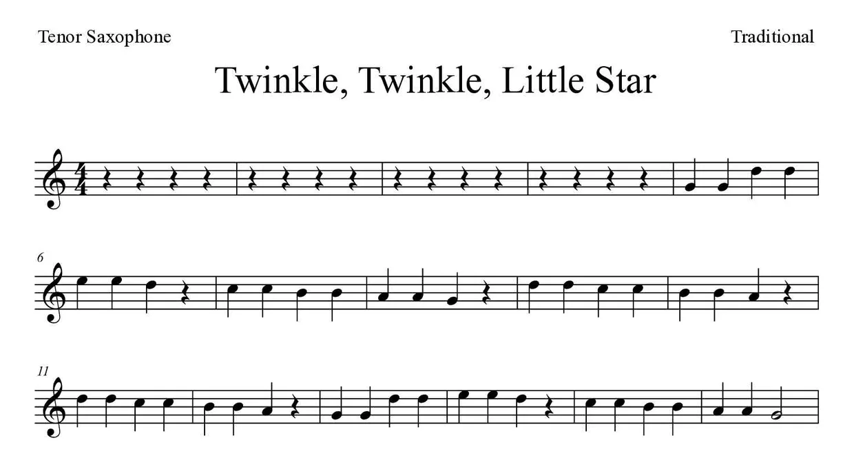 Partitura de Twinkle, Twinkle, Little Star para saxofone tenor, primeiras linhas