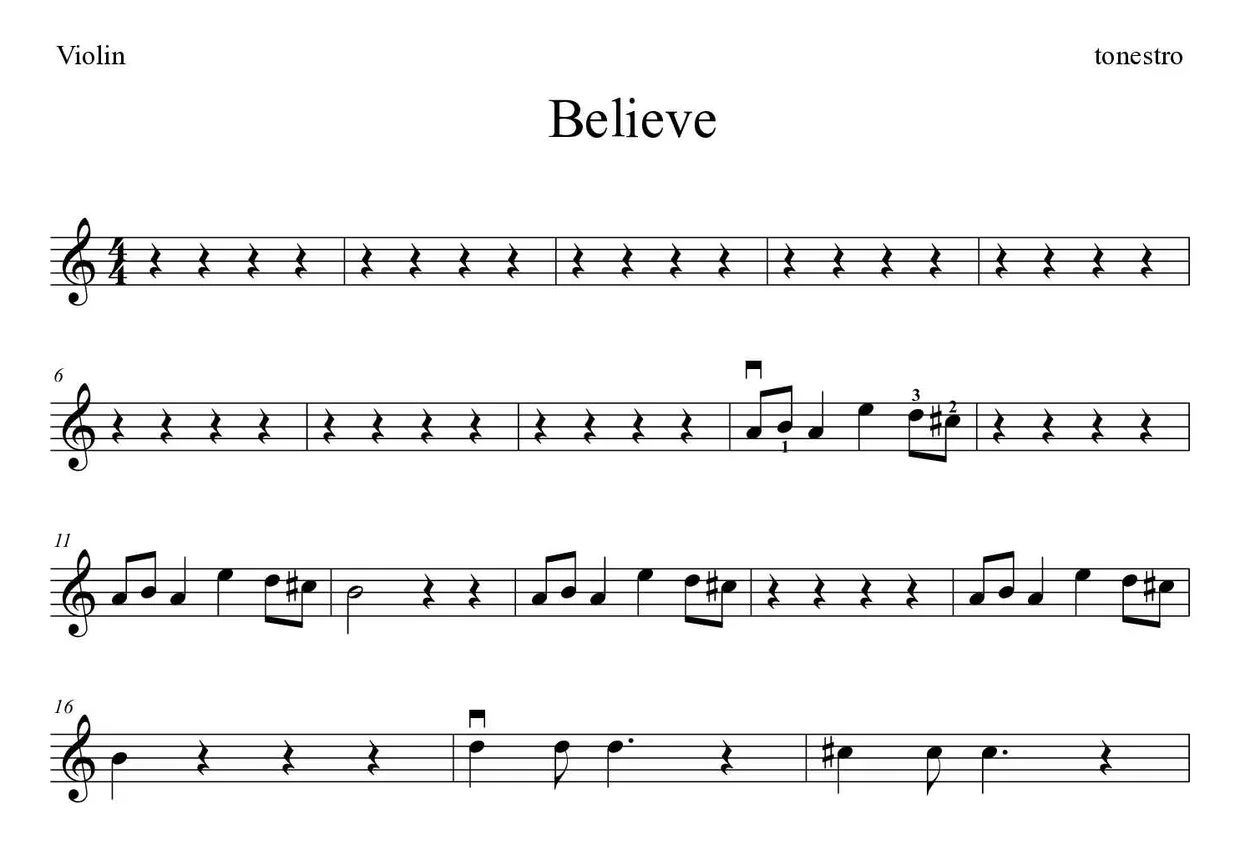 Partitura de Believe para violín, primeras líneas