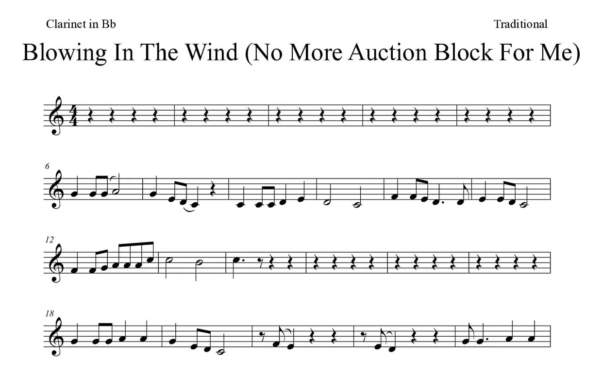 「Blowing In The Wind (No More Auction Block For Me)」Clarinet用楽譜の最初の数段