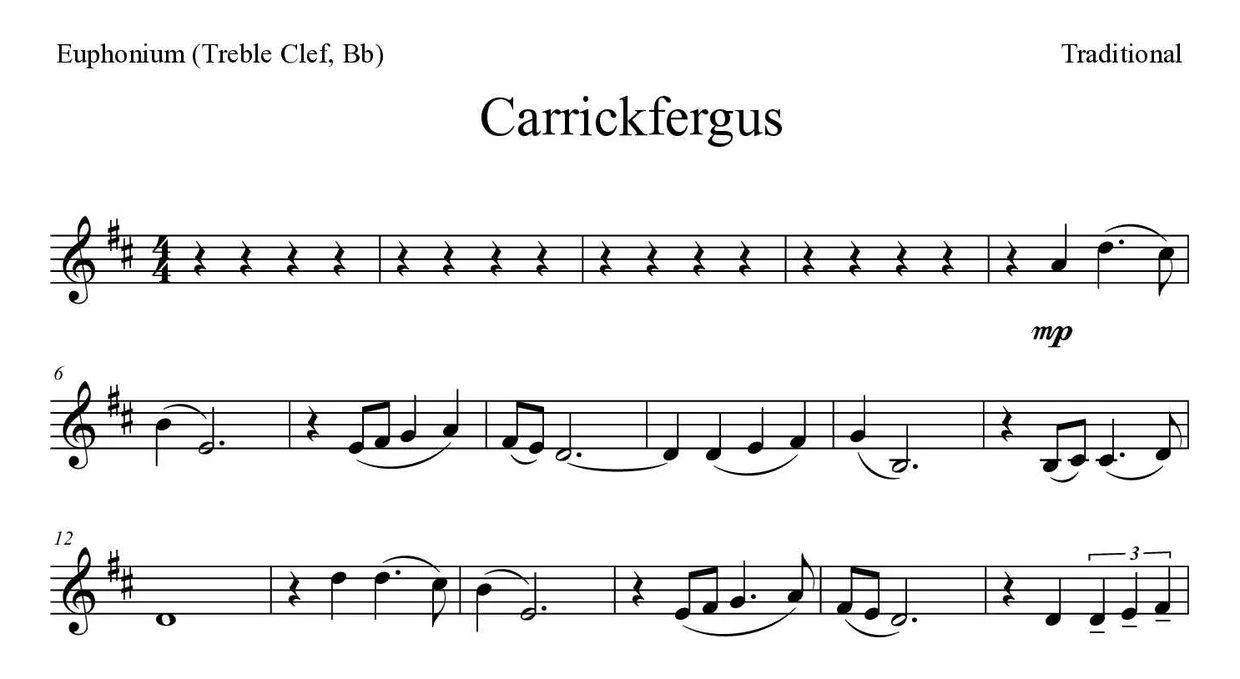Partition de Carrickfergus pour euphonium (clé de sol, si bémol), premières lignes