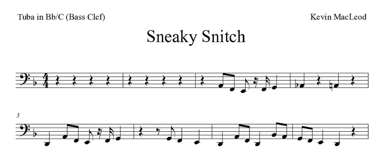 Partitura de Sneaky Snitch para tuba en Sib/Do (clave de Fa), primeras líneas