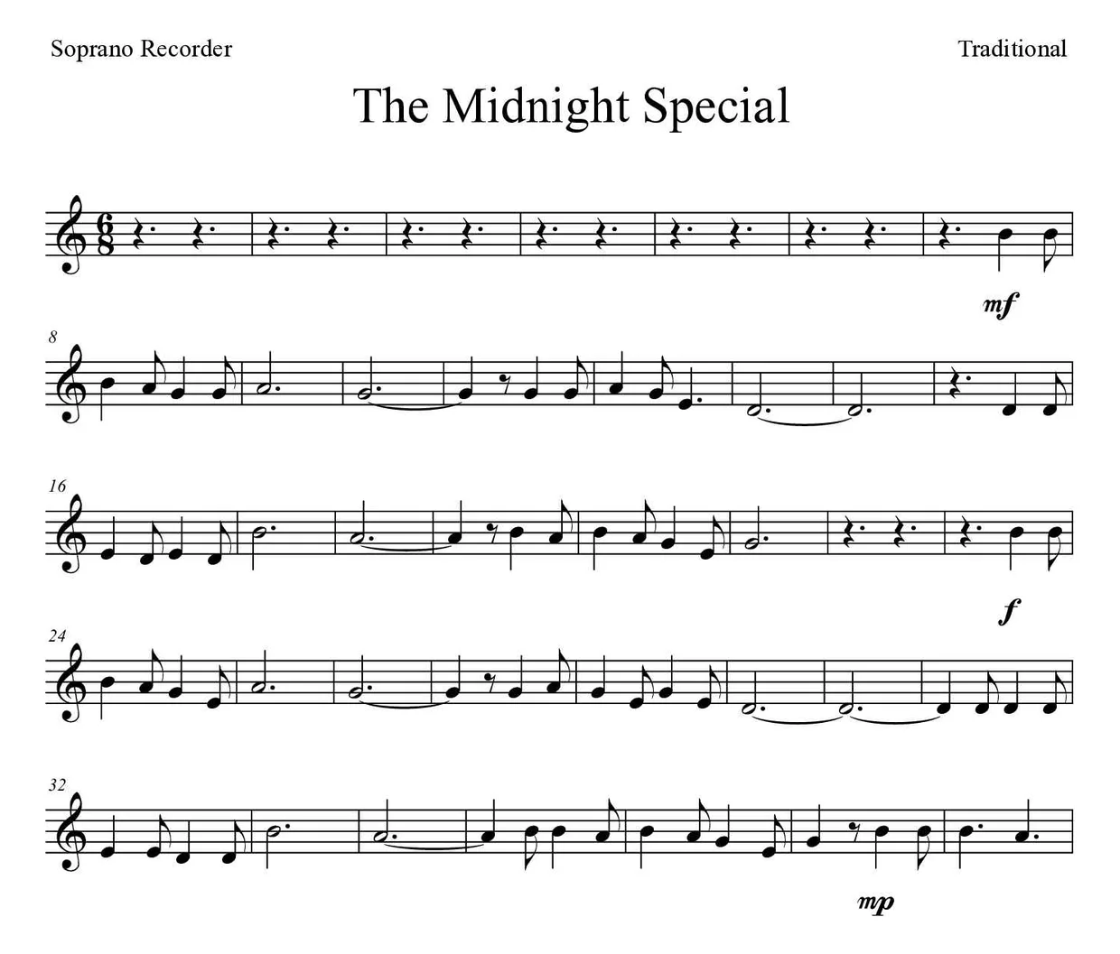 Partition de The Midnight Special pour flûte à bec, premières lignes