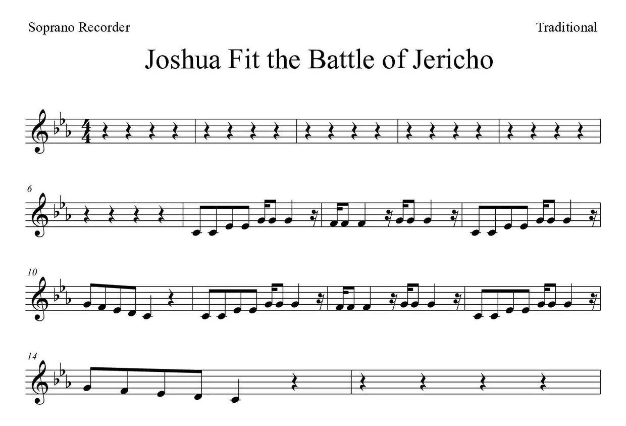 Bladmuziek van Joshua Fit the Battle of Jericho voor recorder, eerste regels