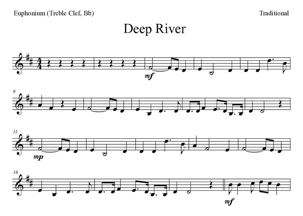 Partitura de Deep River para bombardino (clave de Sol, Sib), primeras líneas