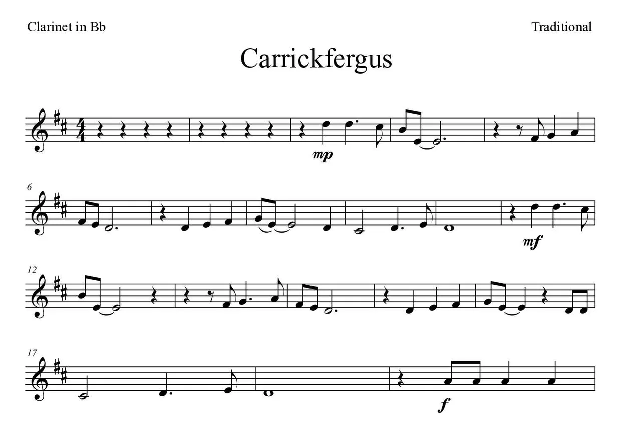 Spartito di Carrickfergus per clarinet, prime righe