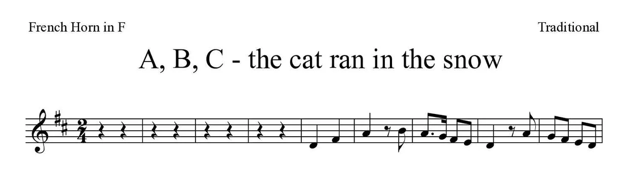 ‘A, B, C - the cat ran in the snow’ French Horn 악보의 첫 몇 줄