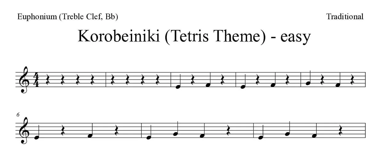 Partition de Korobeiniki (Tetris Theme) - easy pour euphonium (clé de sol, si bémol), premières lignes