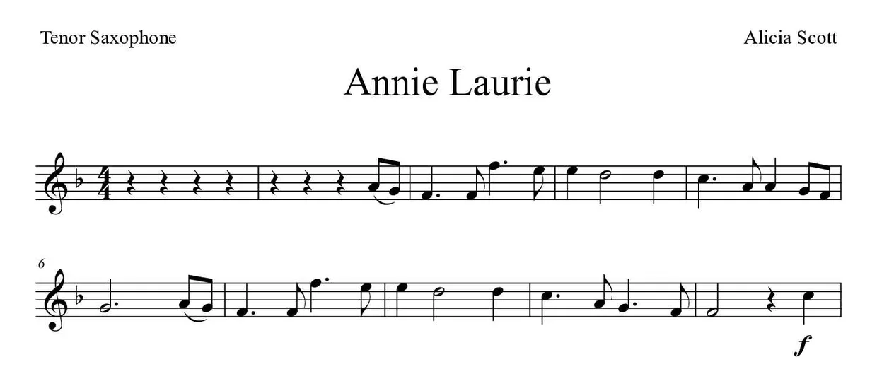 Sheet music of Annie Laurie for tenor saxophone (Easy), first lines