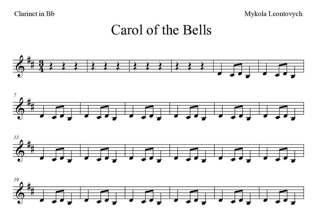 Partition de Carol of the Bells pour clarinette, premières lignes