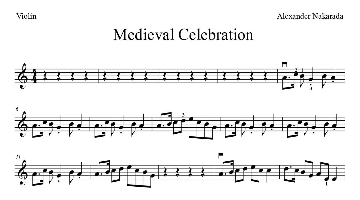 Partitura de Medieval Celebration para violín, primeras líneas