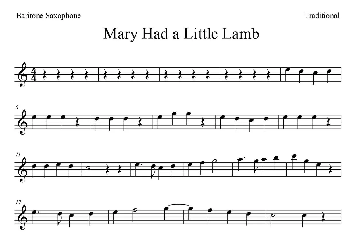 Partition de Mary Had a Little Lamb pour saxophone baryton, premières lignes