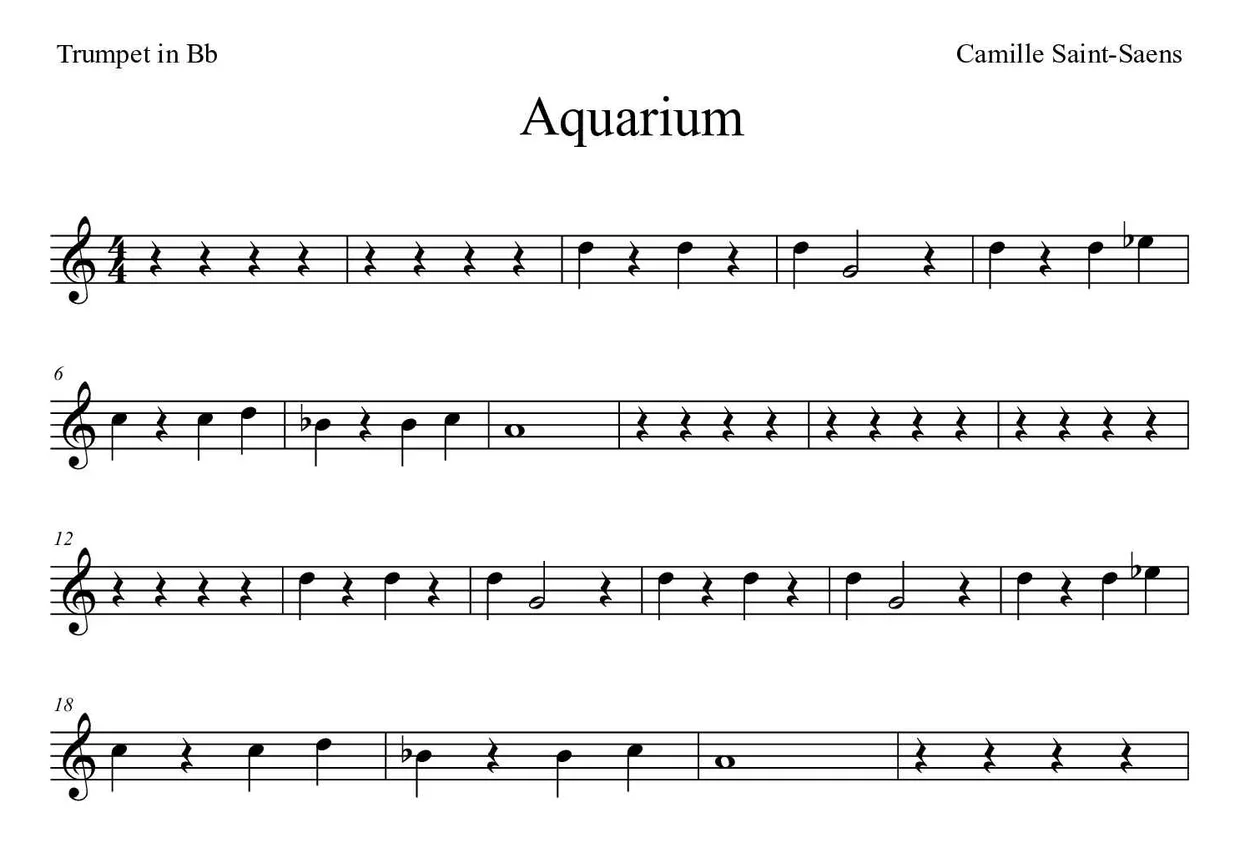 Partitura de Aquarium para trompeta en Sib, primeras líneas