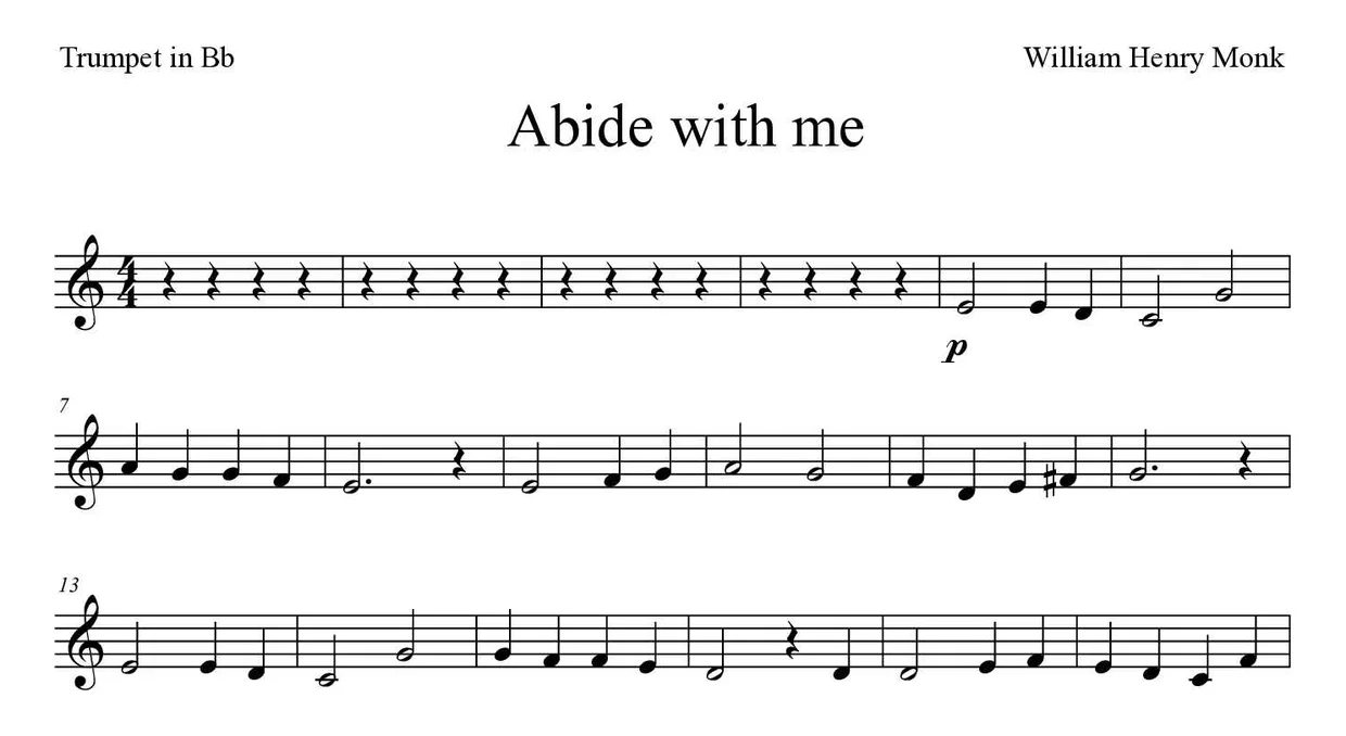 Noten von Abide with me für Trompete in B (Mittel), erste Zeilen