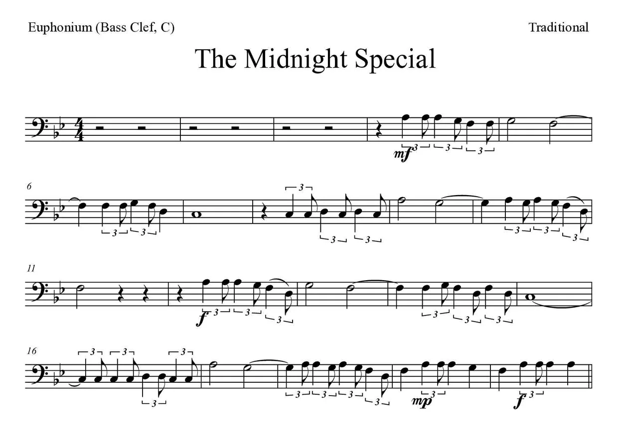 Noten von The Midnight Special für Euphonium (Bassschlüssel, C) (Schwer), erste Zeilen