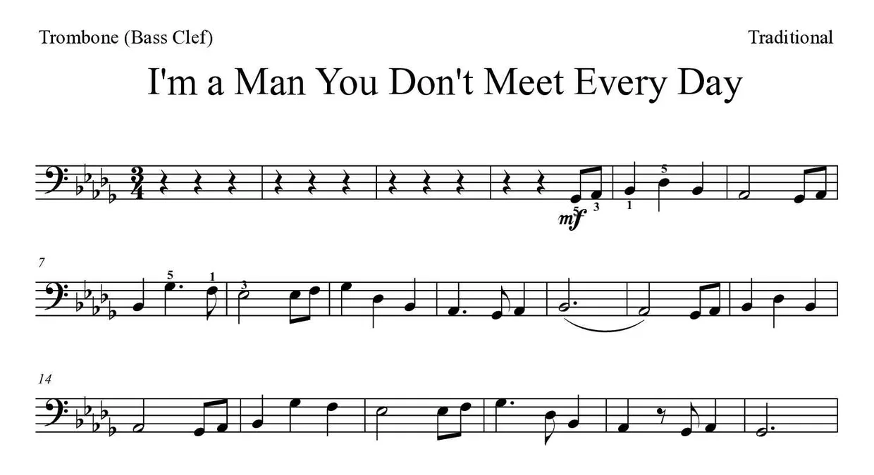 「I'm a Man You Don't Meet Every Day」Trombone用楽譜の最初の数段