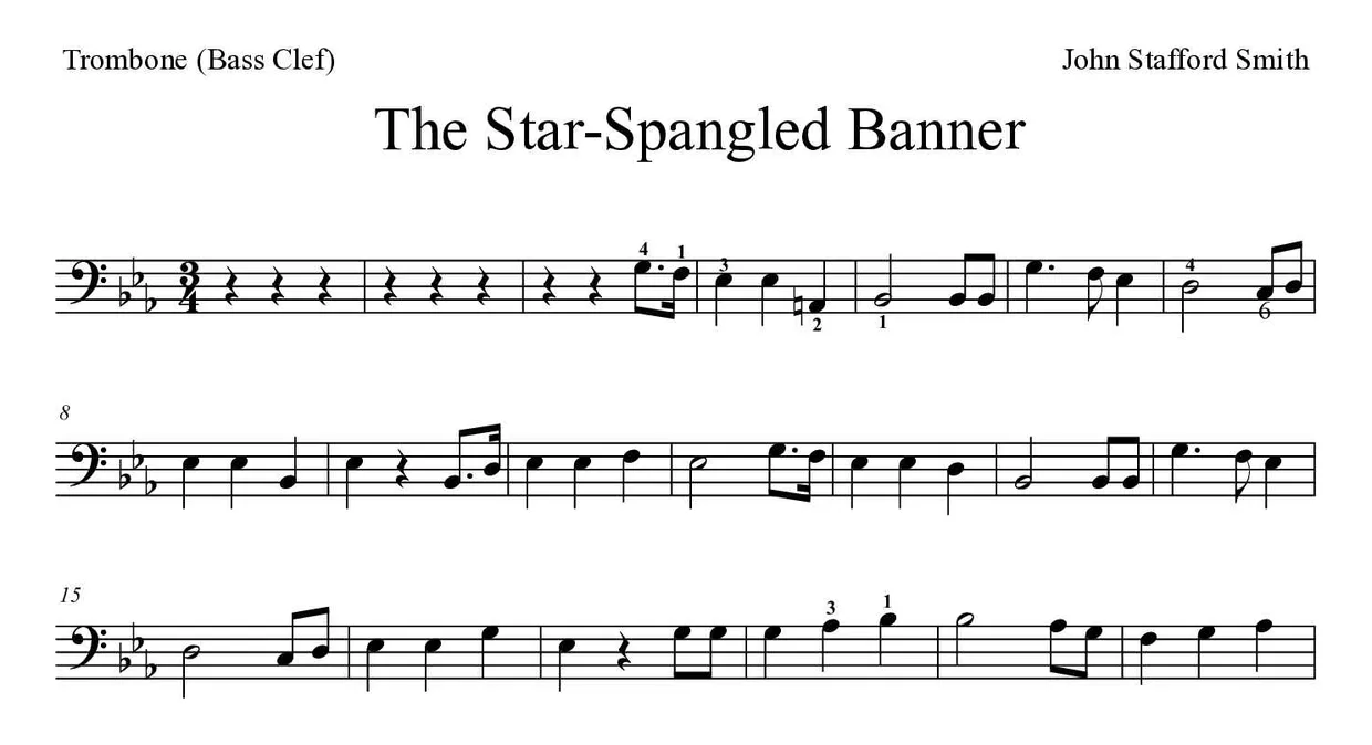 Bladmuziek van The Star-Spangled Banner voor trombone, eerste regels