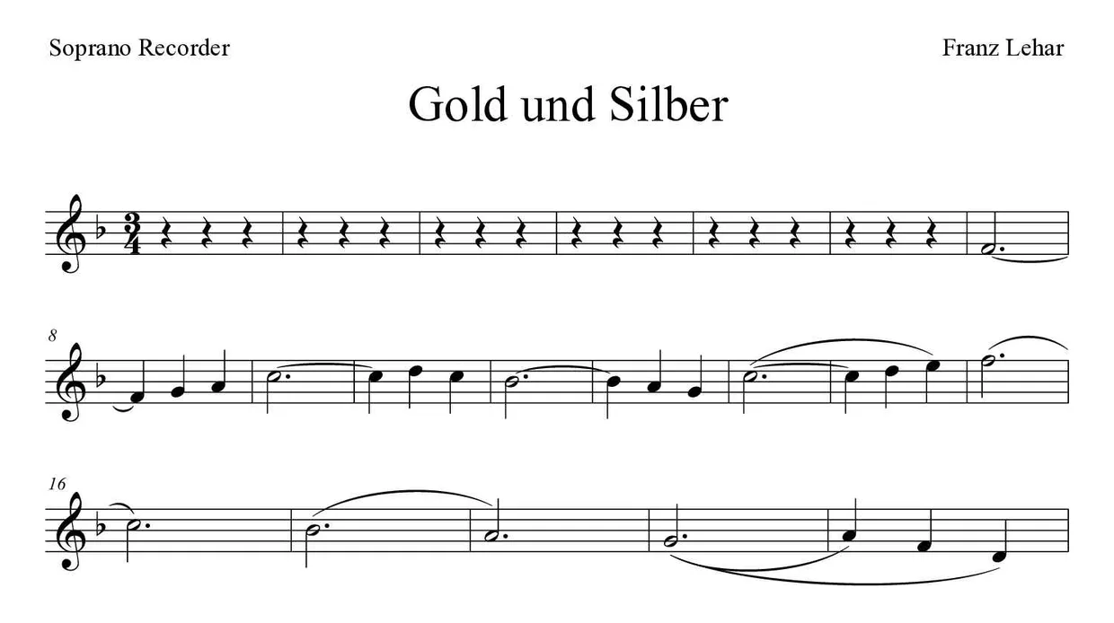 ‘Gold und Silber’ Recorder 악보의 첫 몇 줄