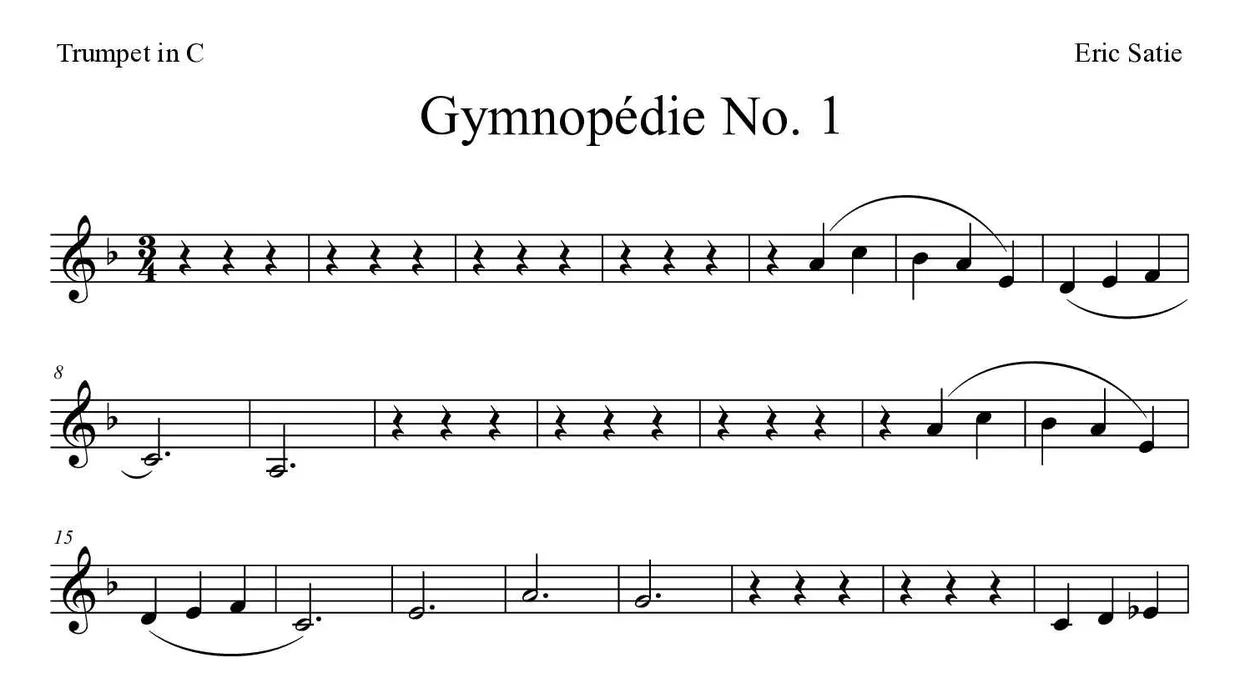 Sheet music of Gymnopédie No. 1 for trumpet in C (Medium), first lines