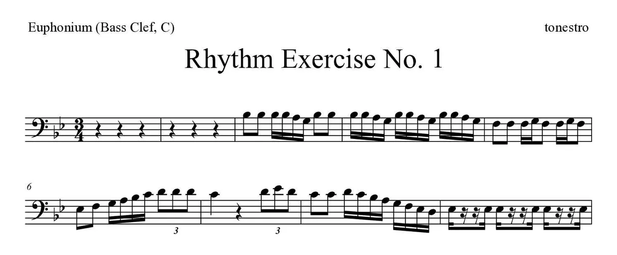 Partition de Rhythm Exercise No. 1 pour euphonium (clé de fa, do), premières lignes