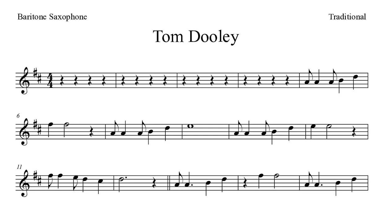 Sheet music of Tom Dooley for baritone saxophone (Medium), first lines