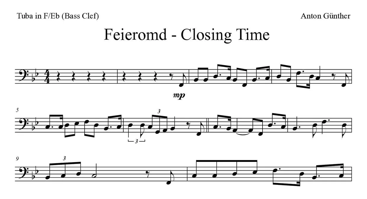 Bladmuziek van Feieromd - Closing Time voor tuba in F/Eb (bass clef), eerste regels