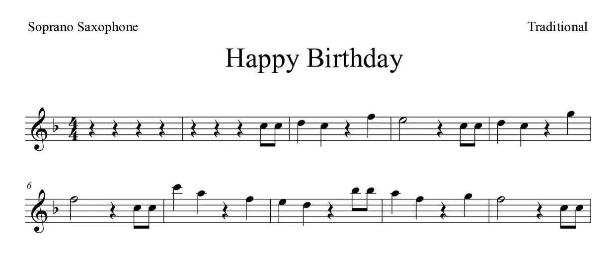 ‘Happy Birthday’ Soprano Saxophone 악보의 첫 몇 줄
