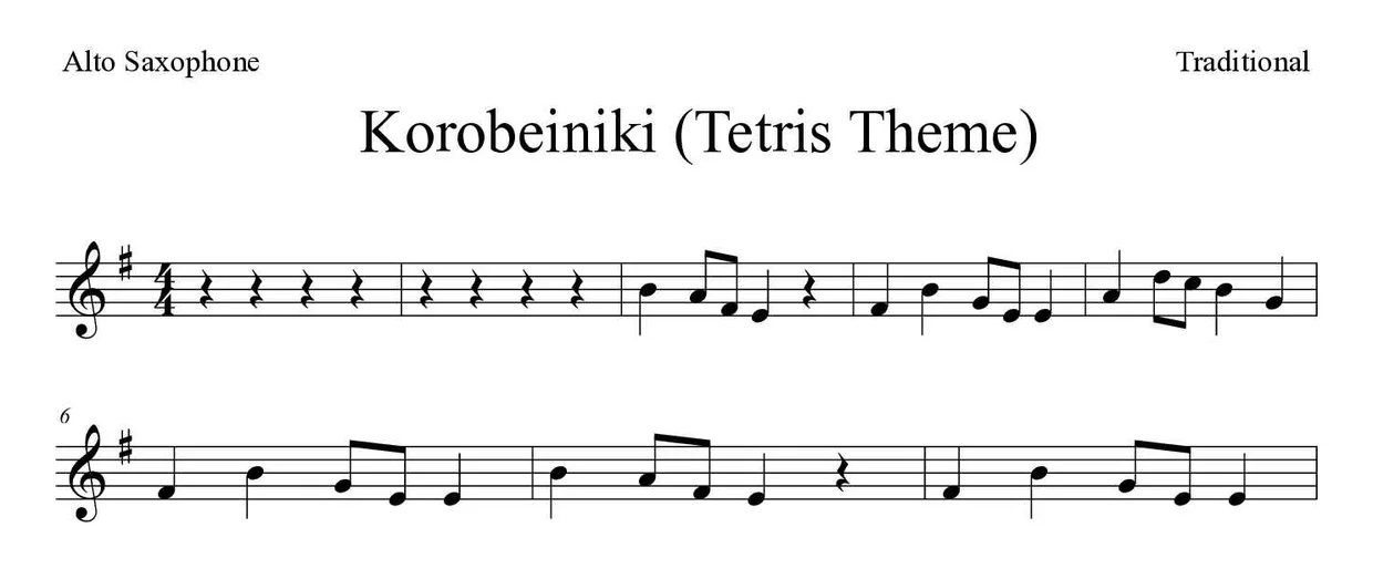 Partitura de Korobeiniki (Tetris Theme) para alto saxofone, primeiras linhas