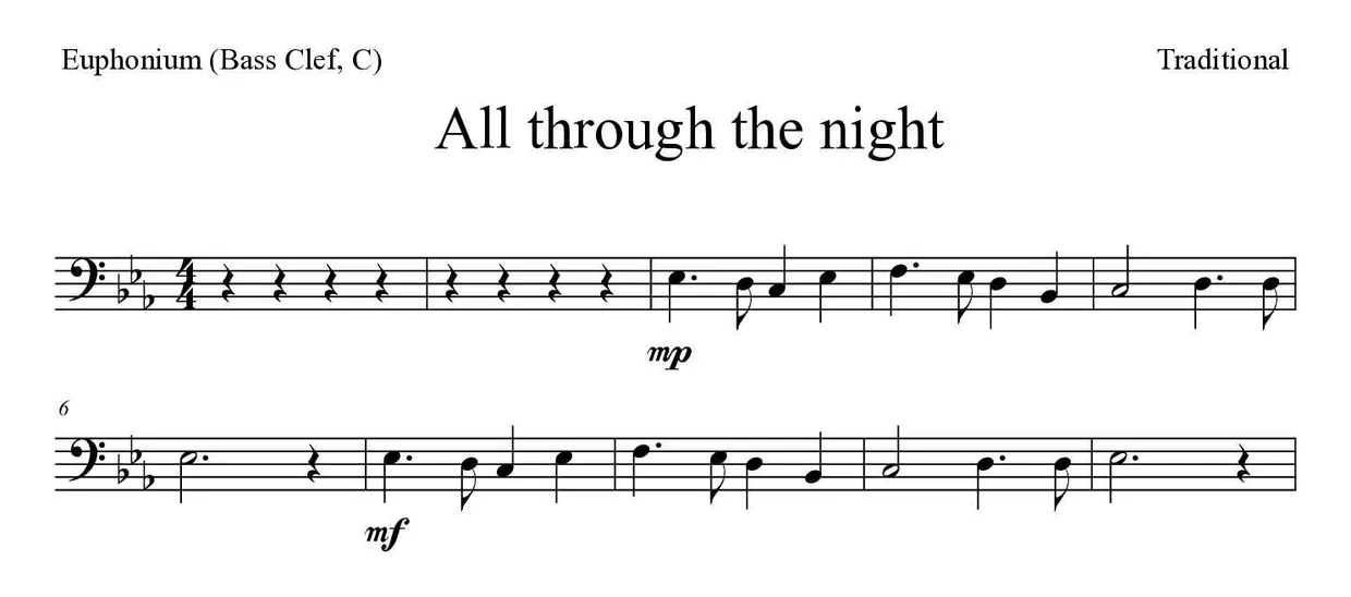 Sheet music of All through the night for euphonium (bass clef, C) (Easy), first lines