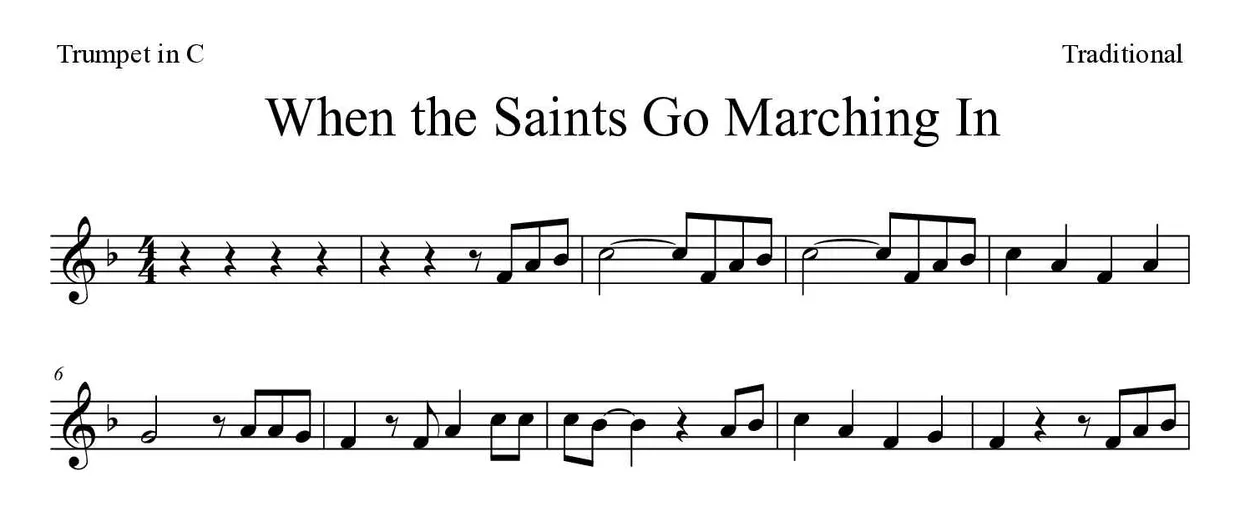 ‘When the Saints Go Marching In’ Trumpet in C 악보의 첫 몇 줄
