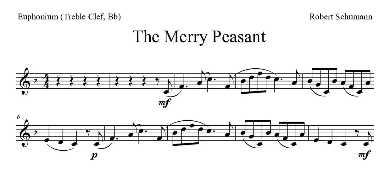 「The Merry Peasant」Euphonium (Treble Clef, Bb)用楽譜の最初の数段