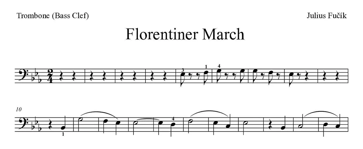 Sheet music of Florentiner March for trombone (Medium), first lines