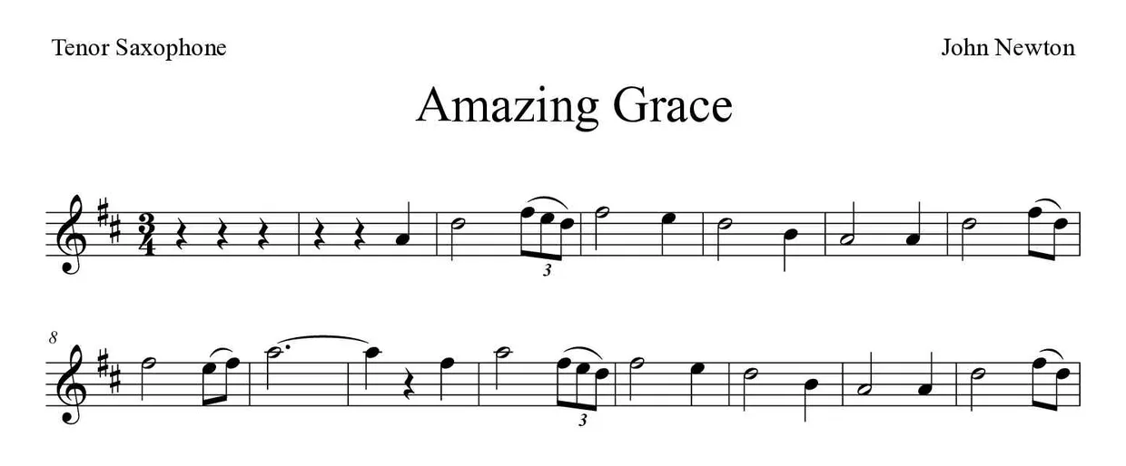 Partitura de Amazing Grace para saxofón tenor, primeras líneas