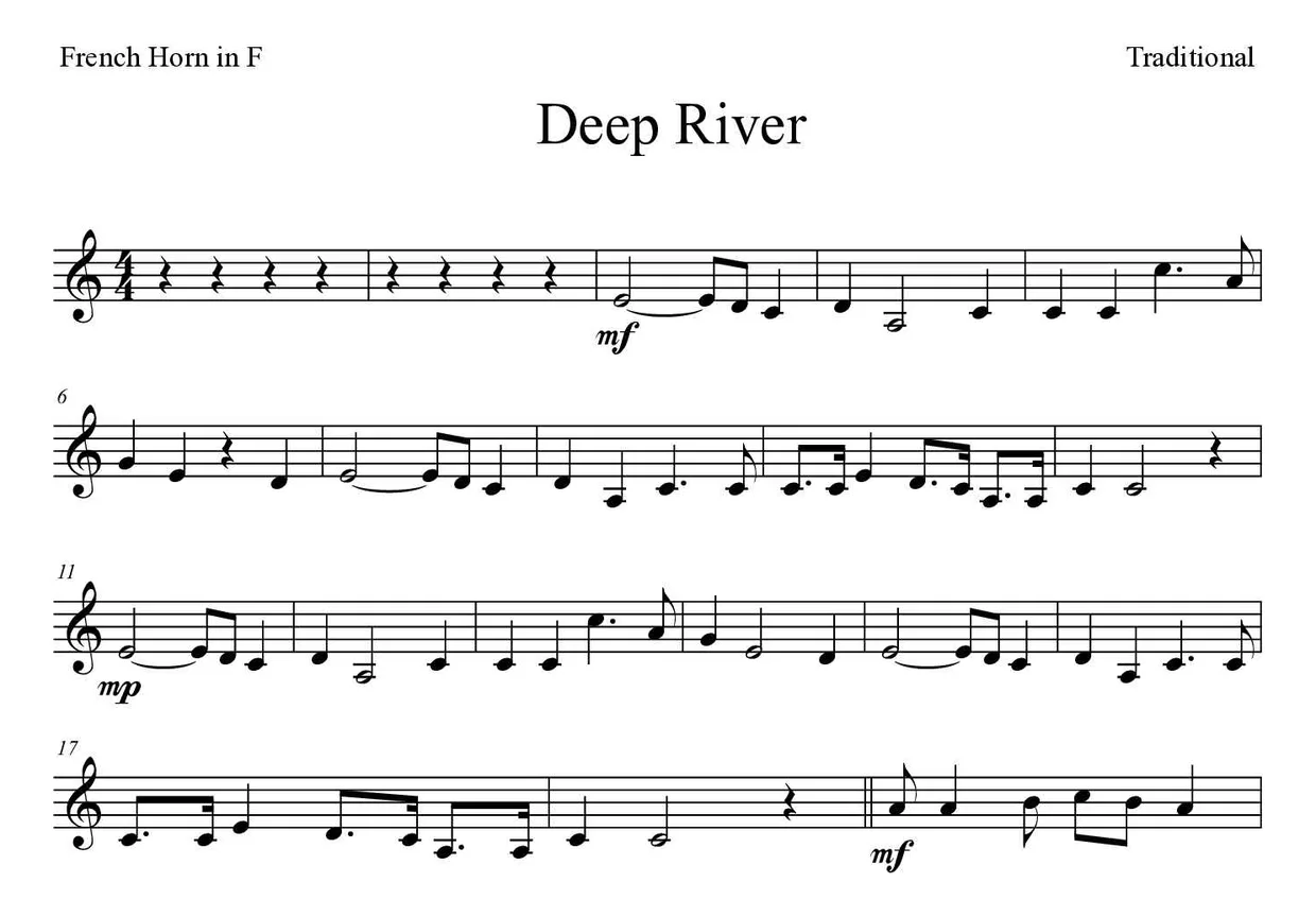 Partition de Deep River pour cor d'harmonie, premières lignes