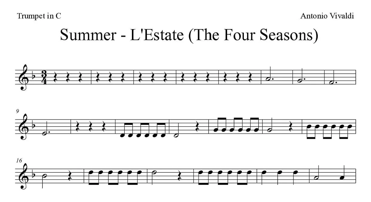 Partitura de Summer - L'Estate (The Four Seasons) para trompete em Do, primeiras linhas