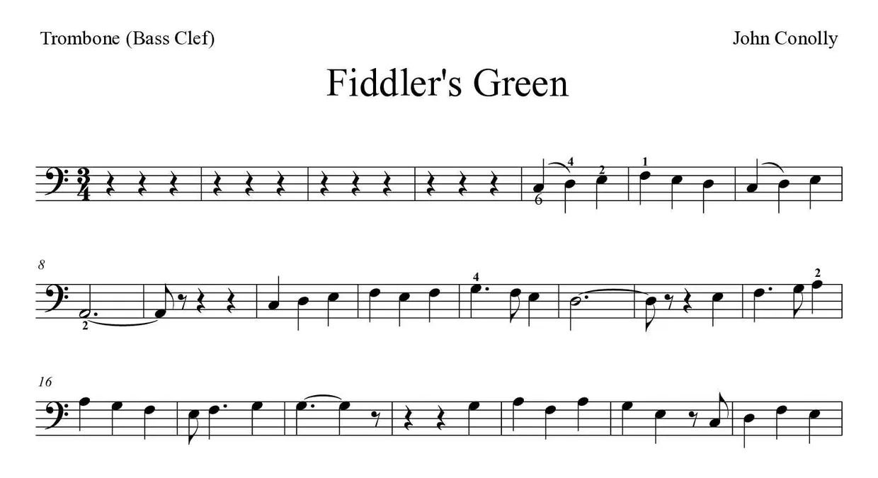 Sheet music of Fiddler's Green for trombone (Medium), first lines