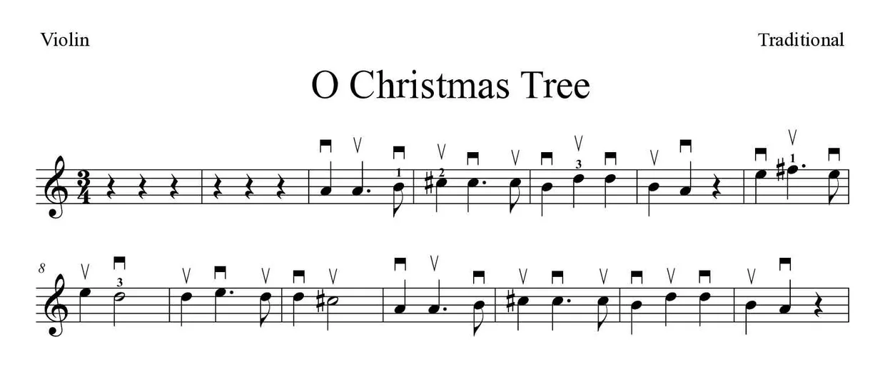 Noten von O Tannenbaum für Geige (Mittel), erste Zeilen