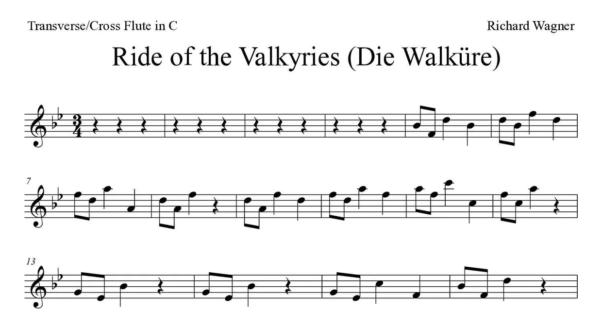 Partitura de Ride of the Valkyries (Die Walküre) para flauta transversal, primeiras linhas