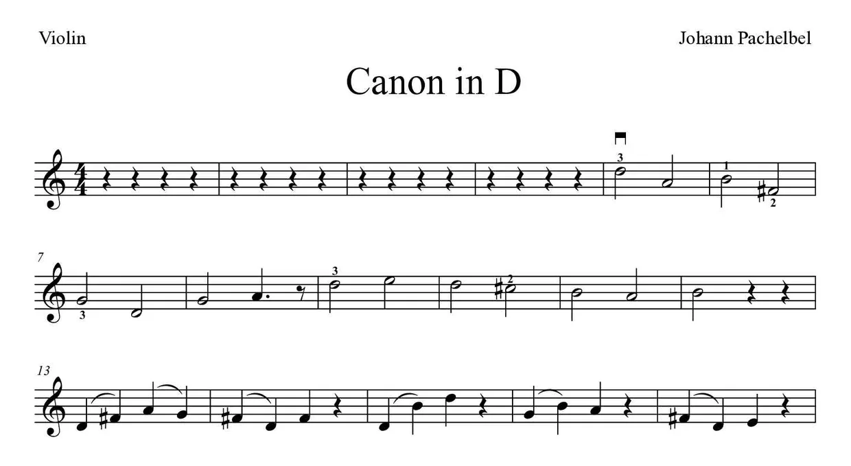 Bladmuziek van Canon in D voor violin, eerste regels