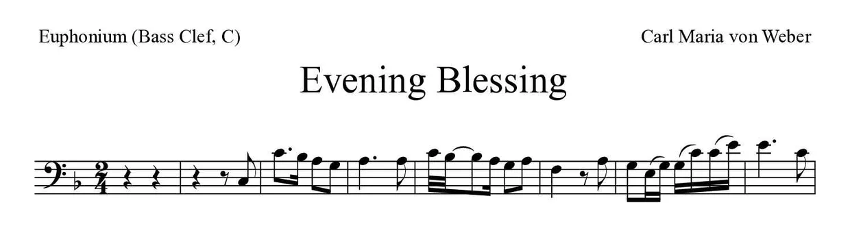 Partitura de Evening Blessing para bombardino (clave de Fa, C), primeras líneas
