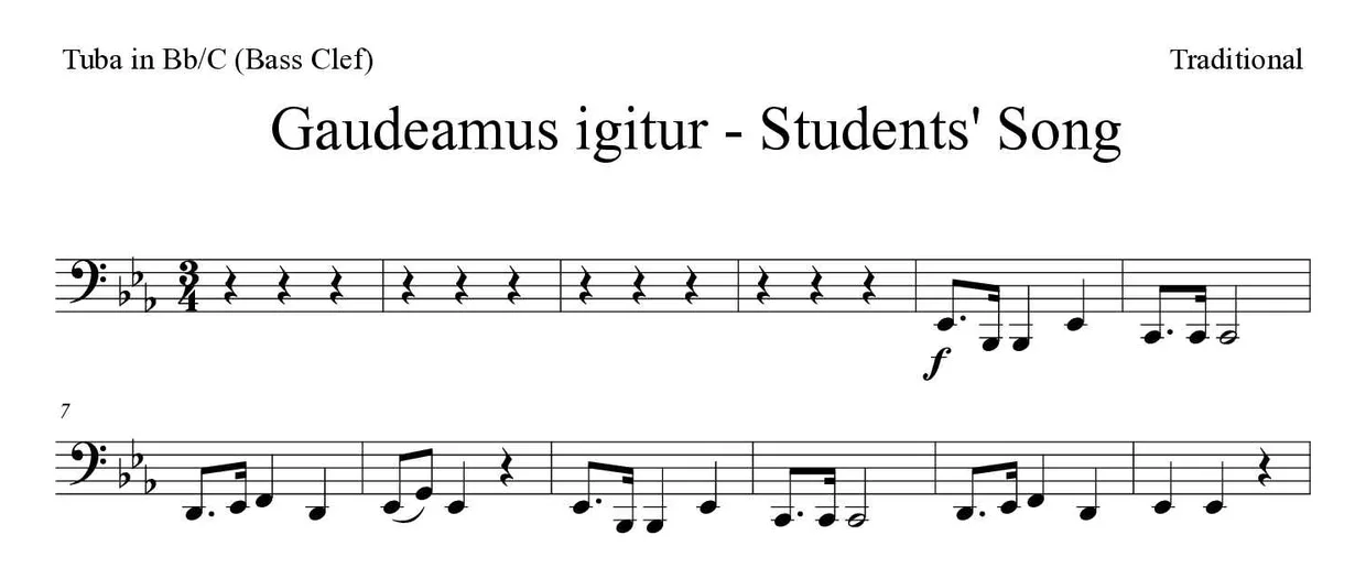 Bladmuziek van Gaudeamus igitur - Students' Song voor tuba in Bb/C (bass clef), eerste regels