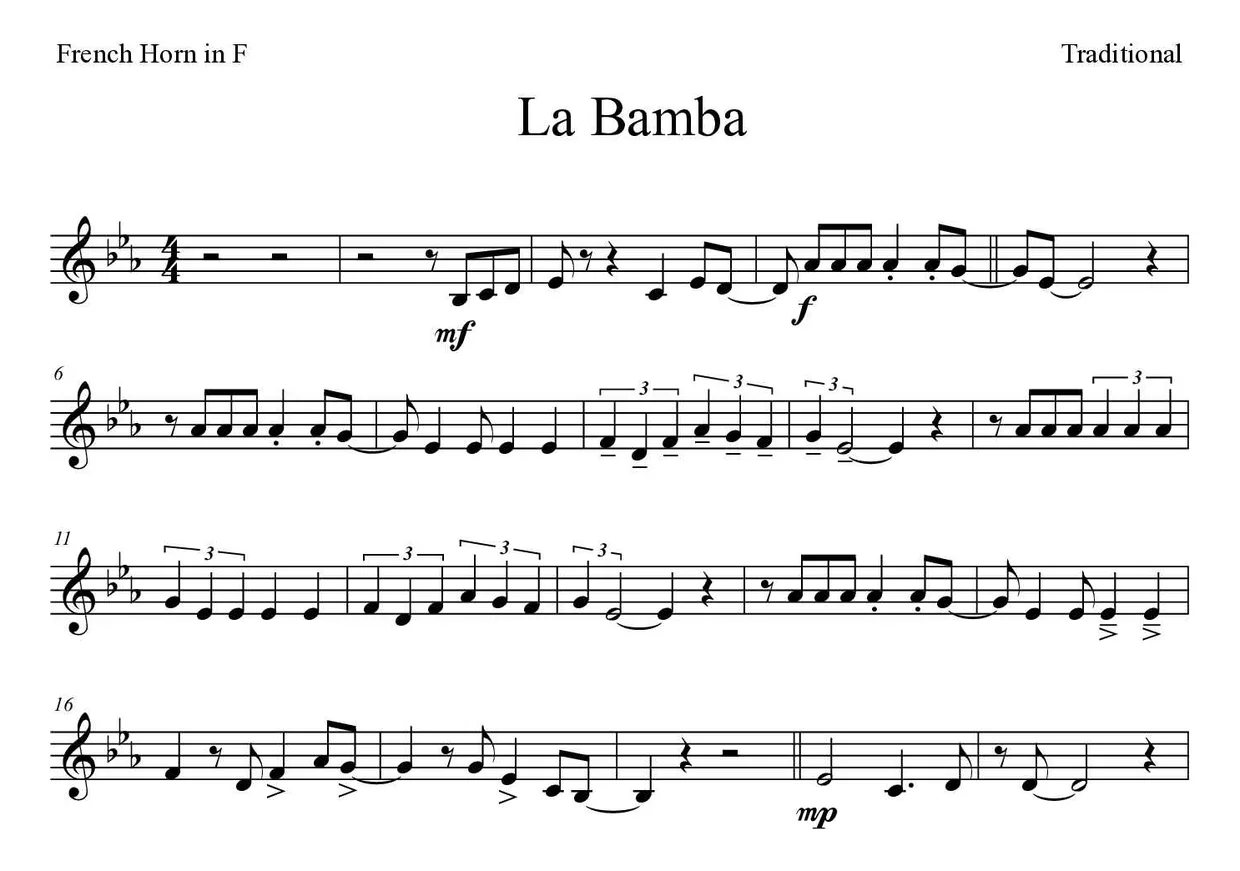 「La Bamba」French Horn用楽譜の最初の数段