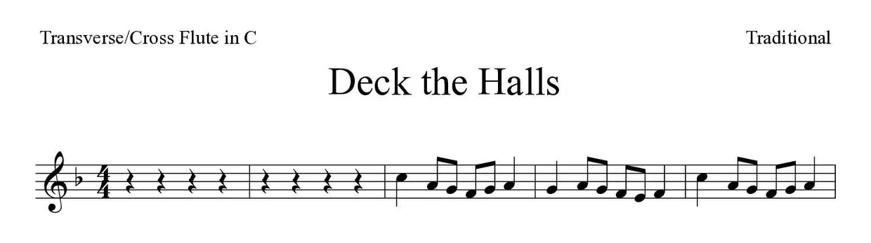 Sheet music of Deck the Halls for flute (Easy), first lines