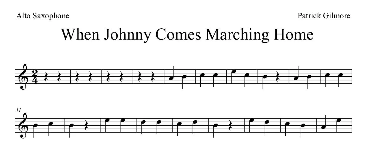 「When Johnny Comes Marching Home」Alto Saxophone用楽譜の最初の数段