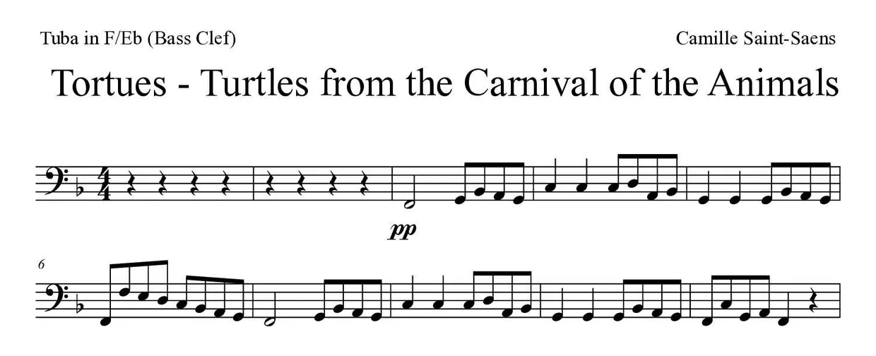 Spartito di Tortues - Turtles from the Carnival of the Animals per tuba in F/Eb (bass clef), prime righe