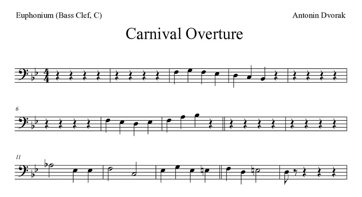 「Carnival Overture」Euphonium (Bass Clef, C)用楽譜の最初の数段