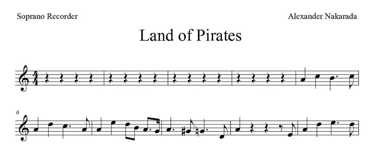 Partitura de Land of Pirates para flauta de bisel, primeiras linhas
